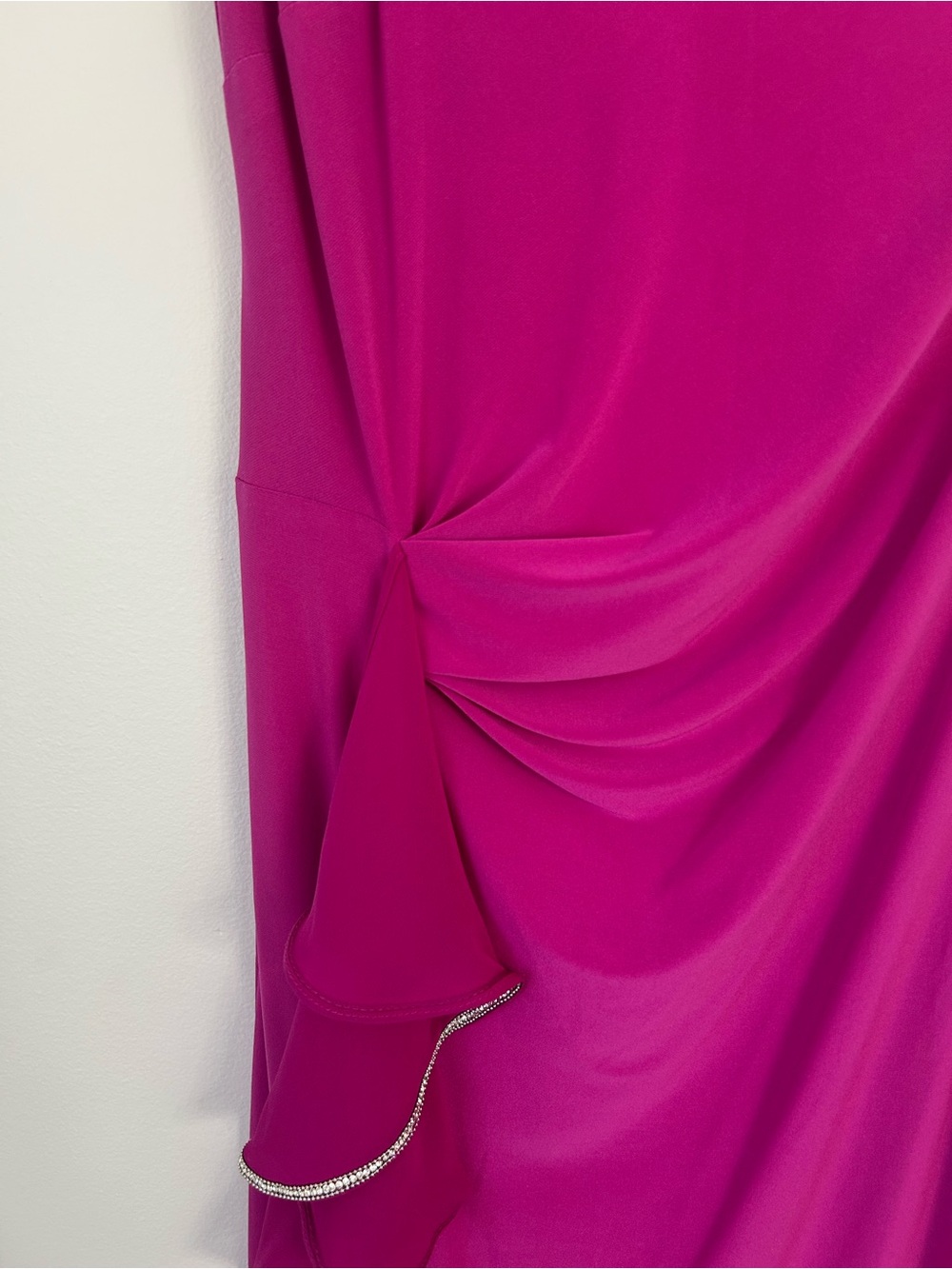 Joseph Ribkoff Magenta Rhinestone Asymmetrical Ruffle Lined Cocktail Dress | US - Picture 5 of 16